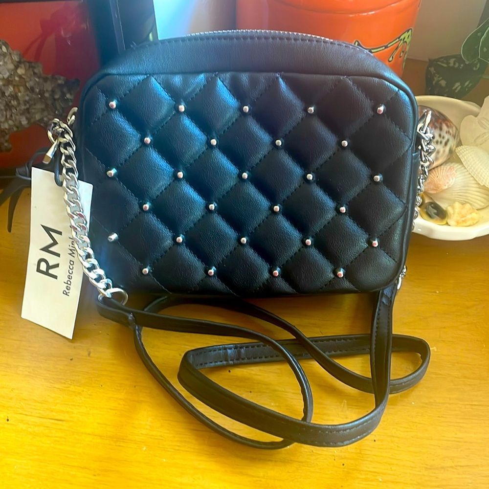 Rebecca Minkoff black shiny silver, diamond quilt studded top zip crossbody NWT.